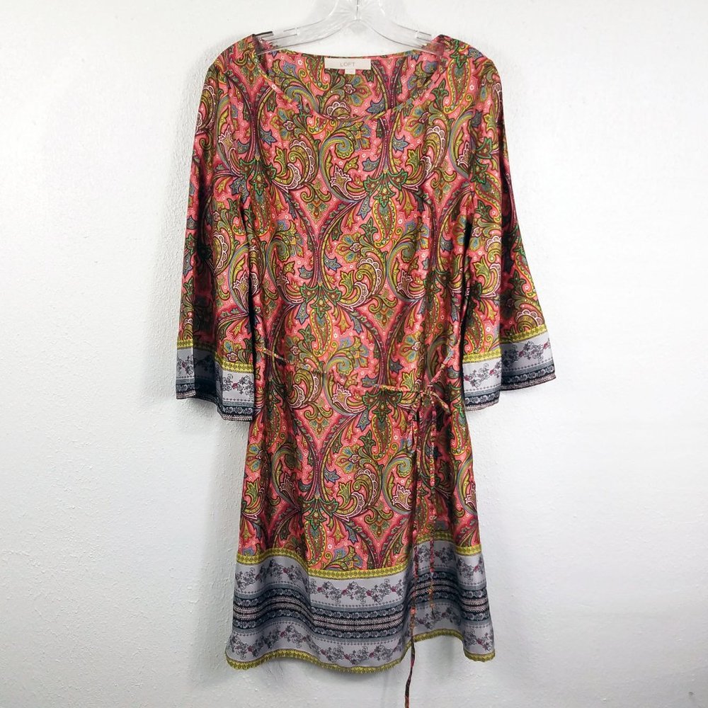 LOFT Women's Tie Waist Trumpet Sleeve Pink Paisley Dress